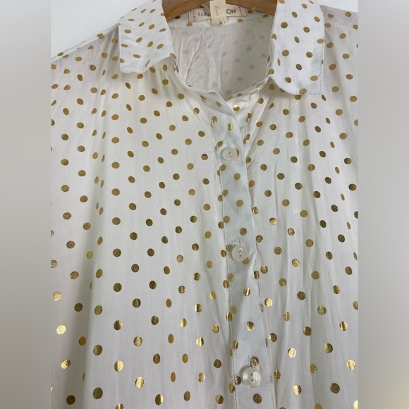 Luna Moon Women's large, gold poke-a-dot, empire waist, botton up blouse. - Picture 4 of 5